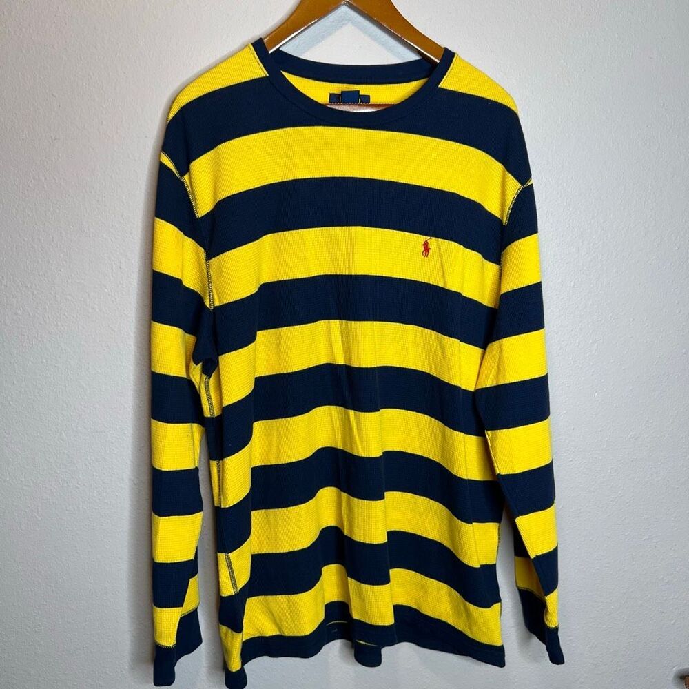 Polo Ralph Lauren Thermal Shirt Mens Large Yellow Navy Striped Waffle Knit Pony